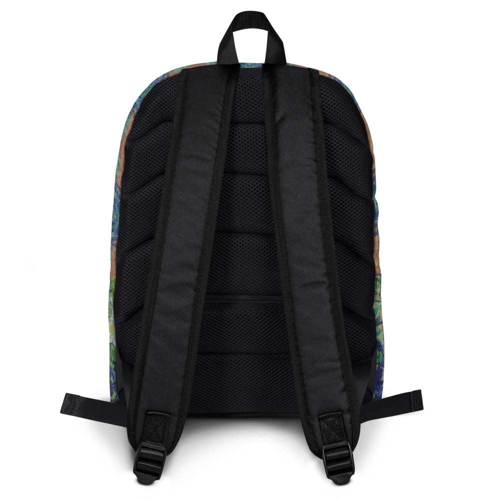 an Gogh Irises backpack back view - spacious art print backpack