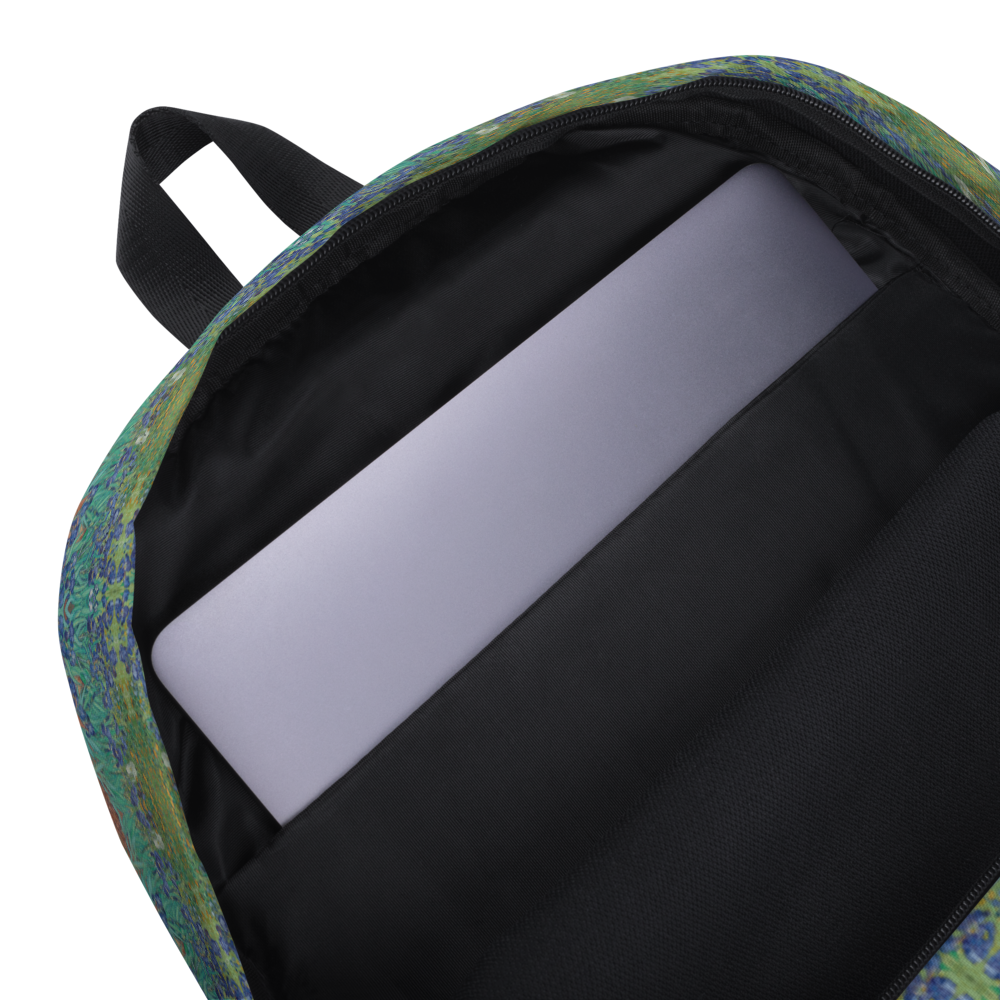 Van Gogh Irises backpack product details - sustainable travel bag features