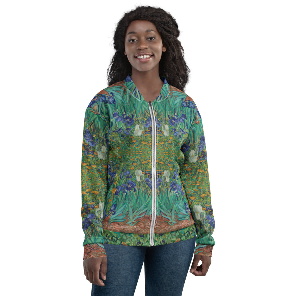Van Gogh Irises bomber jacket front detail view - sustainable fashion
